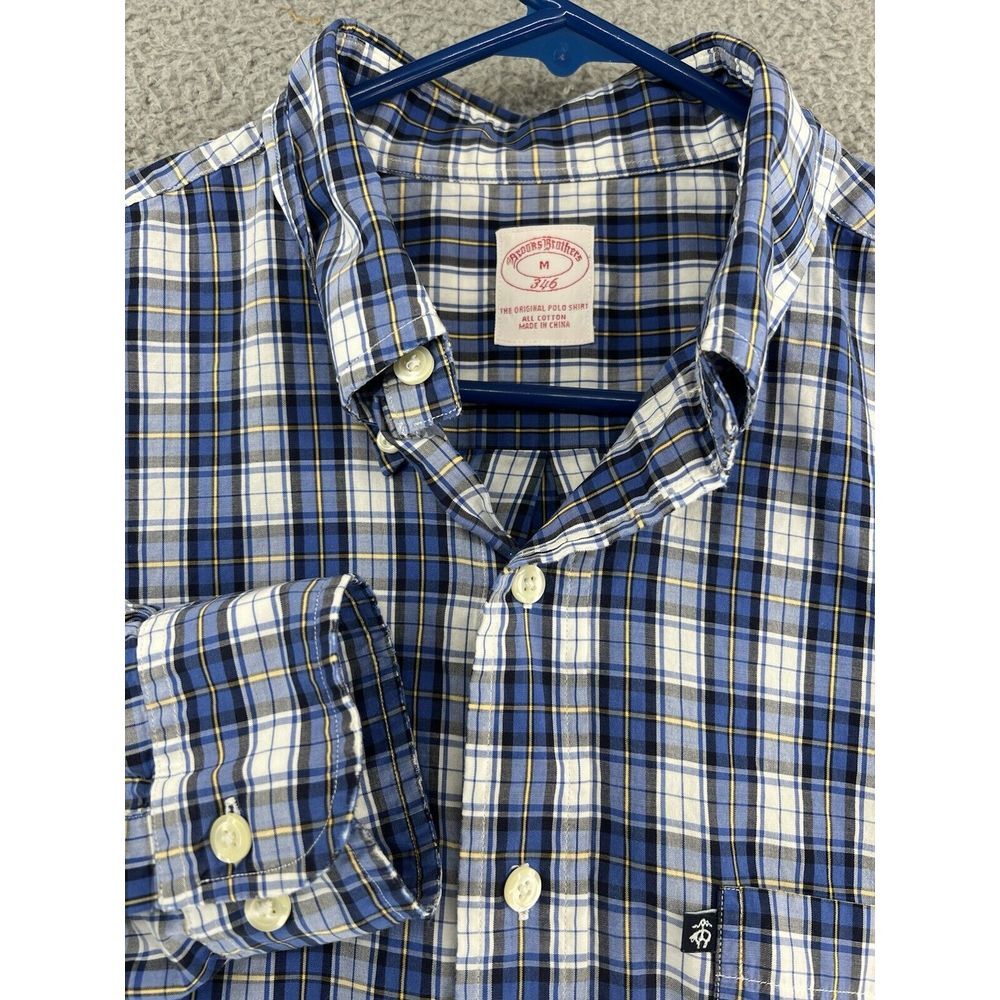 Brooks‎ Brothers Button Down Shirt Mens Medium Windowpane Plaid Blue Logo